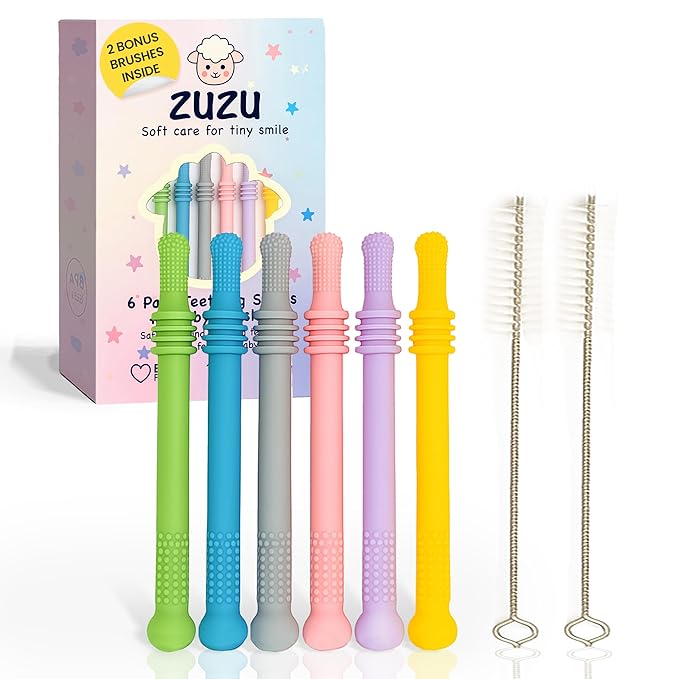 Zuzu 6 Pack Teething Tubes for Babies 3-24 Months with 2 Cleaning Brushes - Hollow Teether Chew Straw Sensory Toys, BPA Free Food Grade Silicone, CPC Certified Baby Teething Sticks for Infants