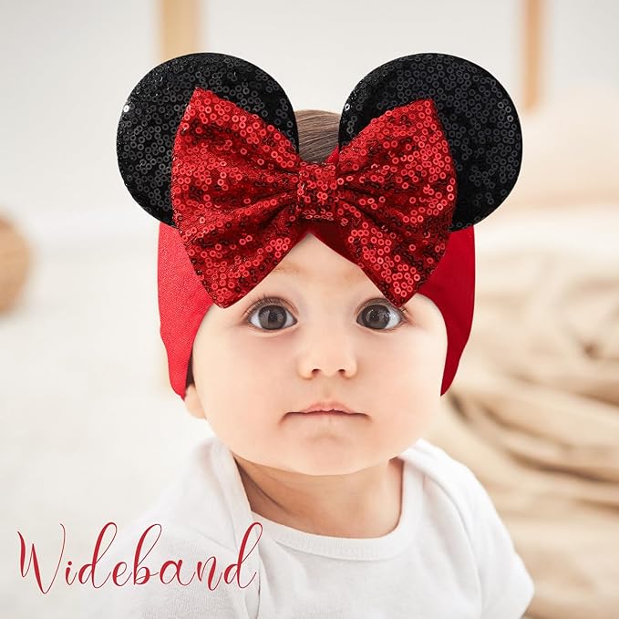 choicbaby Baby Girl Headbands Mouse Ears Headwrap with Sequin Polka Dot Bow Soft Stretchy Nylon Hair Bands for Newborn Infant Baby Toddler Girls- Pack of 2