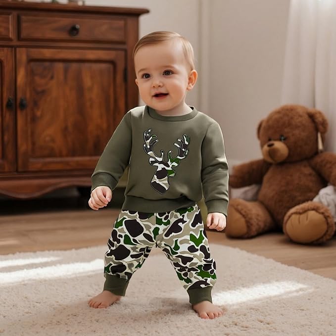 Muineobuka Toddler Baby Boy Hunting Clothes Reindeer Embroidery Sweatshirt and Camouflage Pants Outfits Baby Camo Clothing
