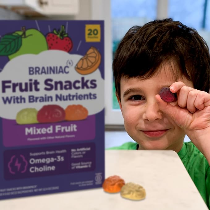 Brainiac Fruit Snacks, Mixed Fruit, Brain Boosting Patented BrainPack Ingredients with Omega-3s DHA/EPA and Choline, Functional and Nutritious Snacks, 40ct