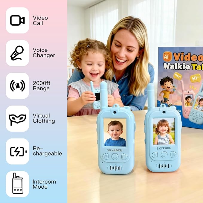 SKYROKU 2nd-Gen Video Walkie Talkies for Kids, 2000ft Long Range Rechargeable Walky Talkies, AI Virtual Costumes & Voice Changer, Outdoor Camping Toys Gift for Boys Girls Ages 3-12 (Blue&Blue)