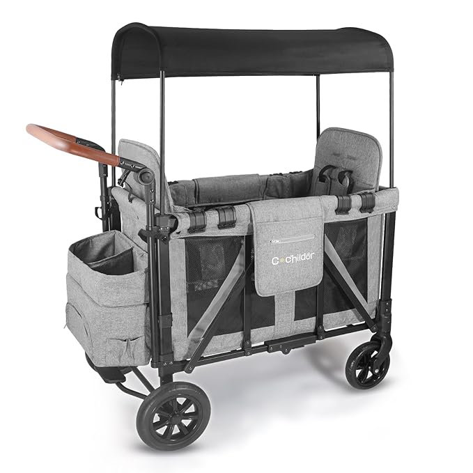 Elite 2 Seater Wagon Stroller for Kids, Foldable Stroller Wagon with Removable Seats & Canopy, 5-Point Safety Harness, Adjustable Handle, Light Grey