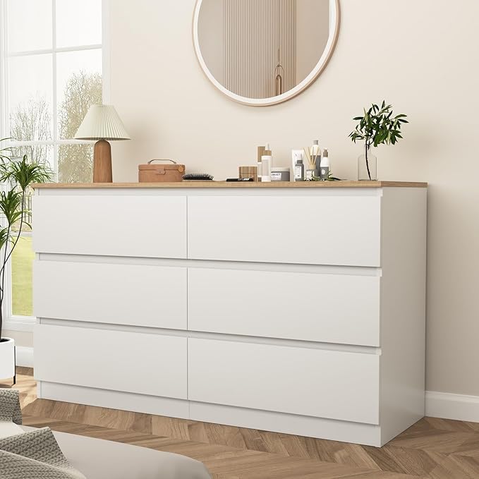 White Dresser for Bedroom, Modern Large 6 Drawer Dresser with Deep Drawer,Chest of Drawers,Wood Bedroom Storage Organizer Furniture,TV Stand for Living Room
