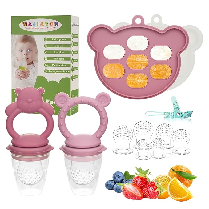 WAJIAYON Baby Breastmilk Popsicle Molds & Baby Fruit Feeder (4 Pack), Infant Food Freezer Tray Storage Containers, Silicone Teething Pacifier Feeder and Teether for Babies,Silicone Feeder(Pink)
