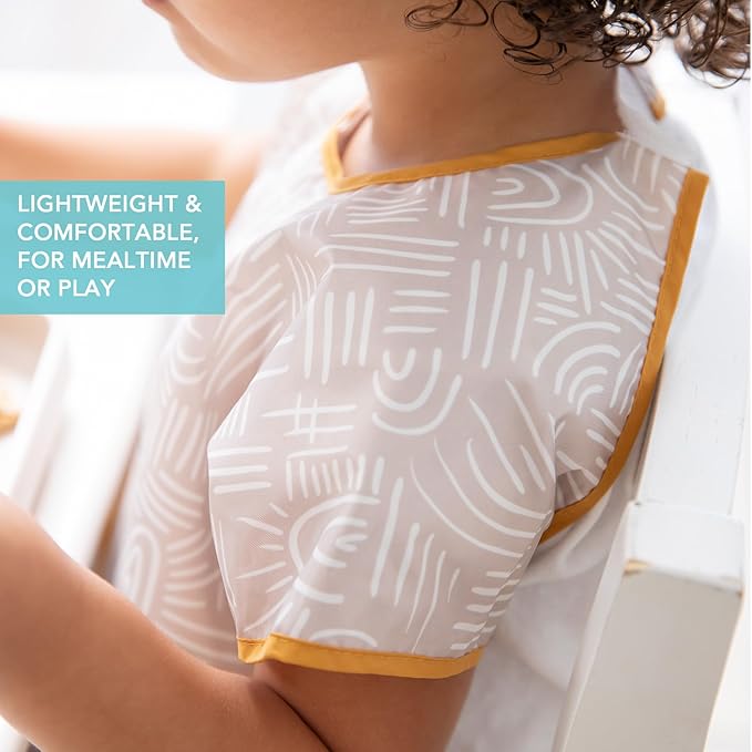 Bumkins Short Sleeve Bib for Girl or Boy, Toddler and Kids for 1-3 Years, Large Size, Essential Must Have for Junior Children, Eating, Mess Saving Soft Fabric Apron for Play, Boho Beige