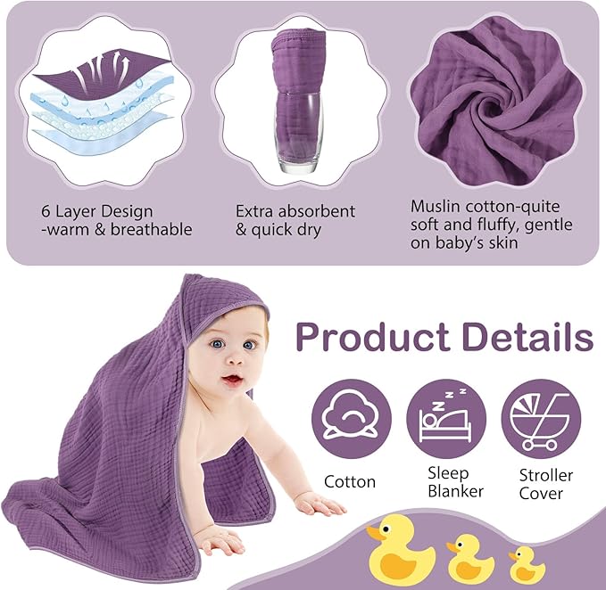 Peryiter 4 Pcs Muslin Hooded Baby Towels 32x32inch Cotton Newborn Bath Essentials Muslin Infant Blankets Absorbent Registry Baby Shower Present for Babies Girl Boy Kids (Purple Series)
