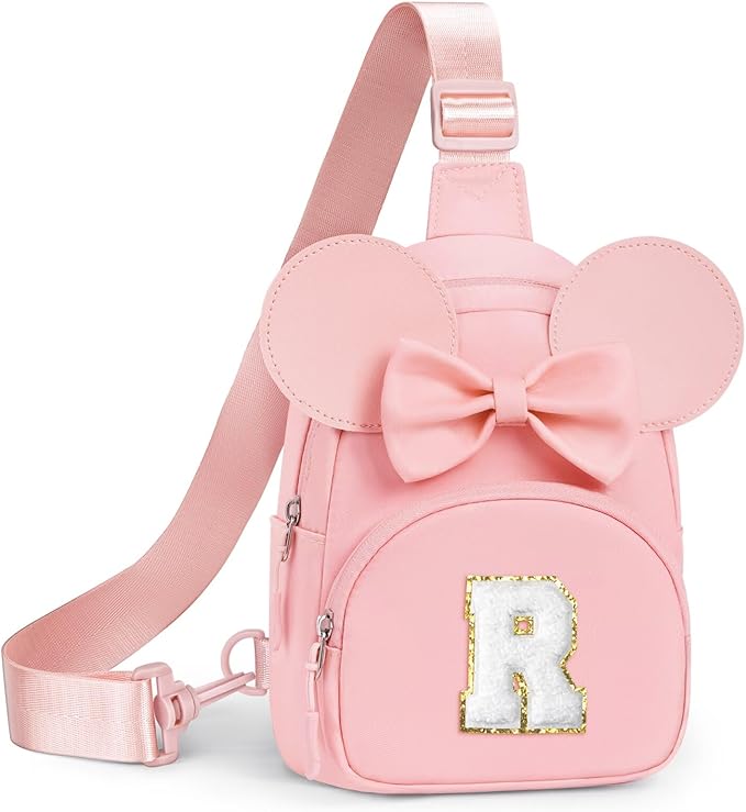 YOOLIFE Birthday Gifts for 2 3 4 5 6 7 8 Year Old Girls Kids, Initial Sling Bag Crossbody Bag for Little Girls Purse, Initial Fanny Pack for Girl Kids, Teen Girl Grandkids Gift Ideas, Pink (R)