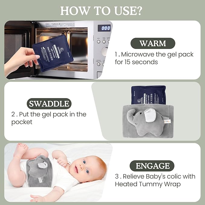 Baby Colic and Gas Relief, Heated Tummy Wrap for Newborns Belly Relief by Soothing Warmth, Baby Heating Pad Swaddling Belt Relief & Soothe Gas, Colic and Upset Stomach for Newborn to Toddler(Elephant)