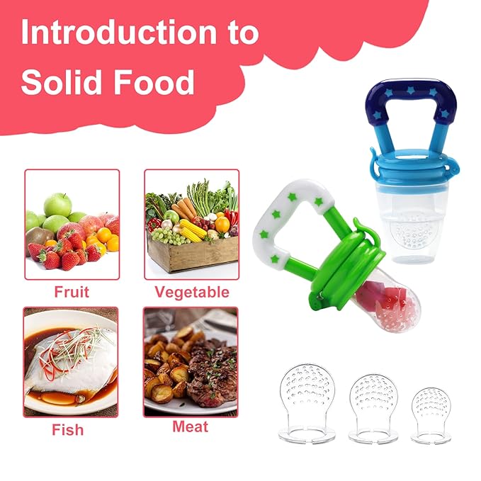 Food Feeder Baby Fruit Feeder Pacifier (3 Pcs) with 6 Different Sized Silicone Pacifiers,Silicone Baby Food Dispensing Spoon 90ML with 2 Babies Spoons Pacifier Clip Infant Fruit Teething Feeders-Pink