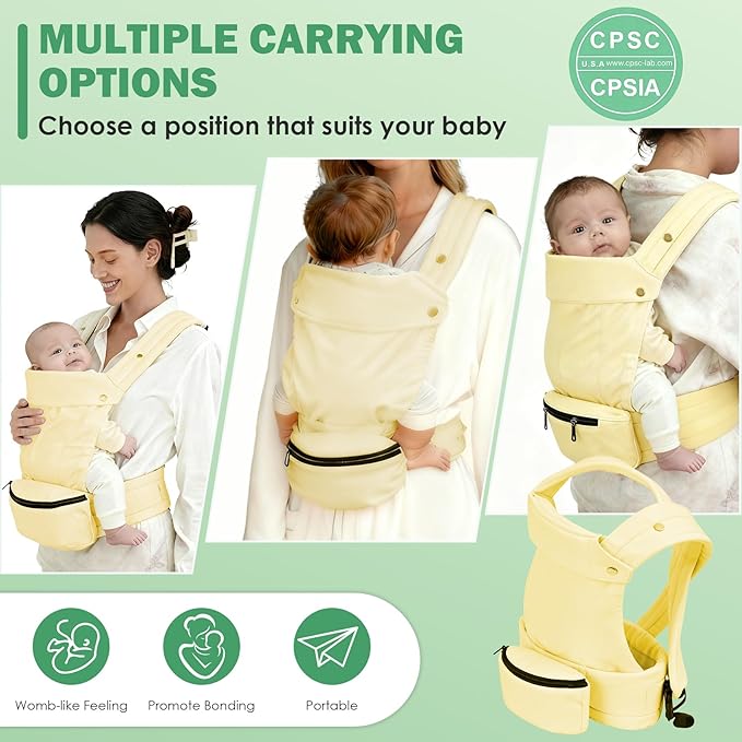 Baby Carrier with Storage Bag, 4 in 1 Front & Back Facing Design, Forward Facing, Adjustable, Baby Essential, Head Support, Baby Carrier for Newborn to Toddler, Almond Yellow