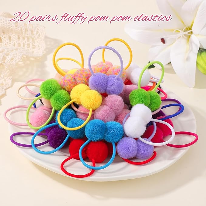 choicbaby Baby Girls Hair Accessories - Small Fluffy Pom Pom Ball Elastic Ponytail Holders and Rubber Bands for Toddlers and Infants (40Pcs)