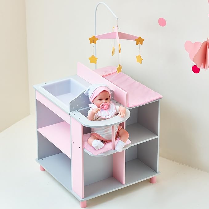 Olivia's Little World 6-in-1 Wooden Baby Doll Changing Station with Crib, Changing Table, High Chair, Double-Door Closet, Sink and Washing Machine, Multicolored