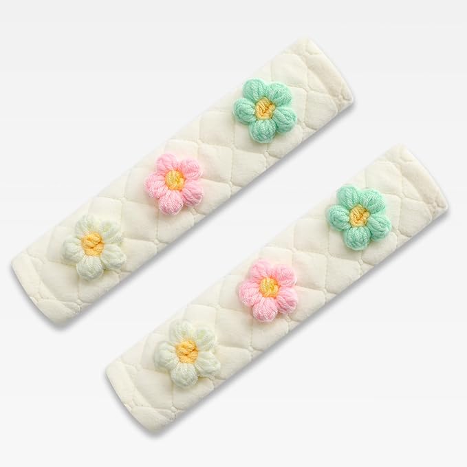 Amooca Soft Auto Seat Belt Cover Seatbelt Shoulder Pad Cushions 2 PCS for a More Comfortable Driving Universal Fit for All Cars and Backpack Off-White Knitted Flower (Green & Pink)