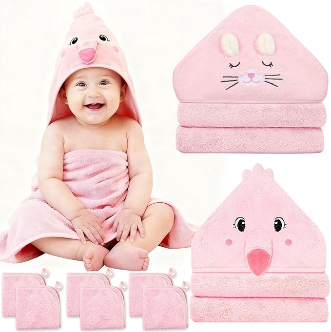 8 Pcs Baby Towel Set, Soft Baby Bath Towels and Washcloths Set, 2 Pcs 32x32 in Cute Baby Towel with Hood and 6 Pcs Baby Washcloths for Infants, Toddlers and Kids (Pink Kitten & Flamingo)