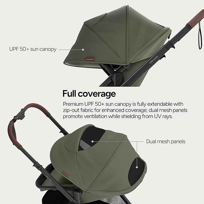 Mompush Ultimate 3 Full Size Baby Stroller from Newborn to 50 lbs - All-Terrain Large Wheels with Full Suspension, Reversible & Extendable Seat for Growing Kids, One-Second Compact Fold
