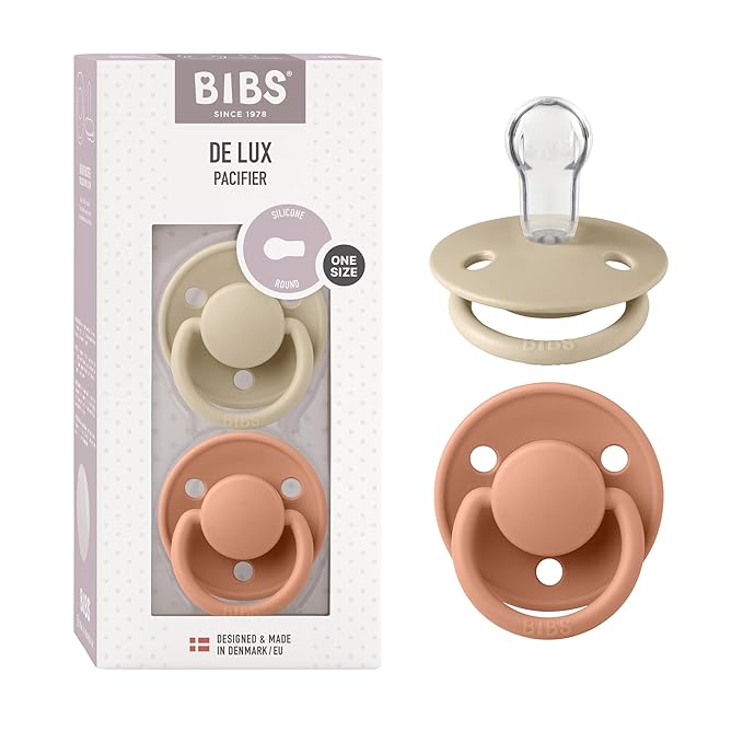 BIBS De Lux Baby Pacifier 2-Pack | Made in Denmark | BPA Free Dummy Soother, Round Nipple. Silicone, OneSize (0-36 Months), Vanilla/Peach