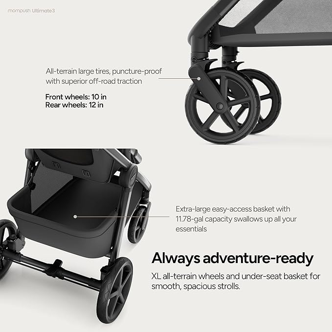 Mompush Ultimate 3 Full Size Baby Stroller from Newborn to 50 lbs - All-Terrain Large Wheels with Full Suspension, Reversible & Extendable Seat for Growing Kids, One-Second Compact Fold