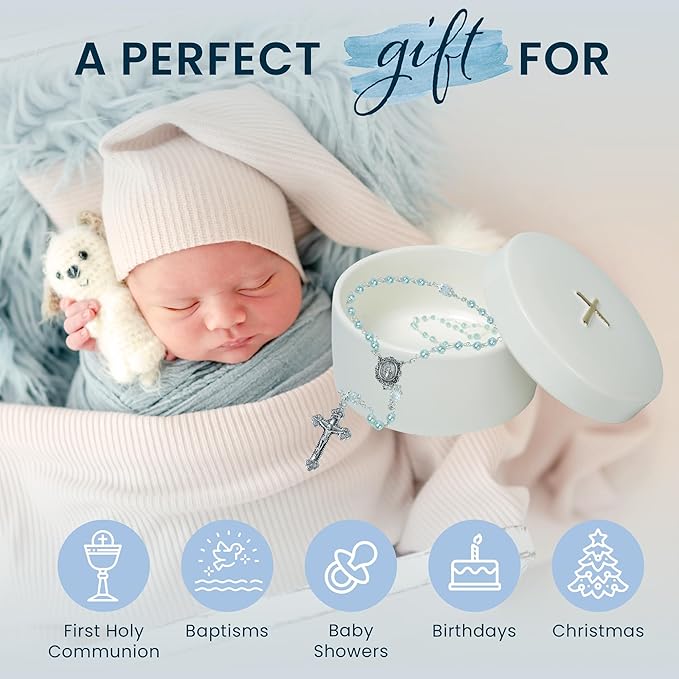 Baptism Gifts for Boys – Blue Rosary with Ceramic Keepsake Box and Card, Catholic Communion Gift, Christening and Baby Shower Rosary Beads, Sweet Treasures Gifts, Blue