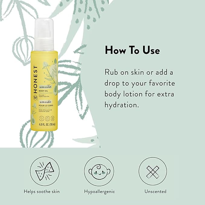 The Honest Company Fragrance-Free Moisturizing Body Oil,Nourish Soothe Baby's Skin,Plant-Based,Hypoallergenic Vegan,4.0 fl oz,(Pack of 2)
