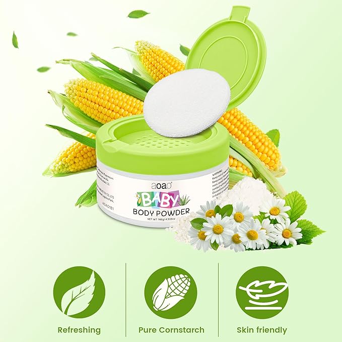 Plant-Based Baby Powder with Puff, Talc-Free Cornstarch Blend with Protect Zinc Oxide & Soothe Aloe, Help Prevent Diaper Rash, Gentle Absorption for Diaper Area, Sensitive Skin & Chafe Protection, 5oz