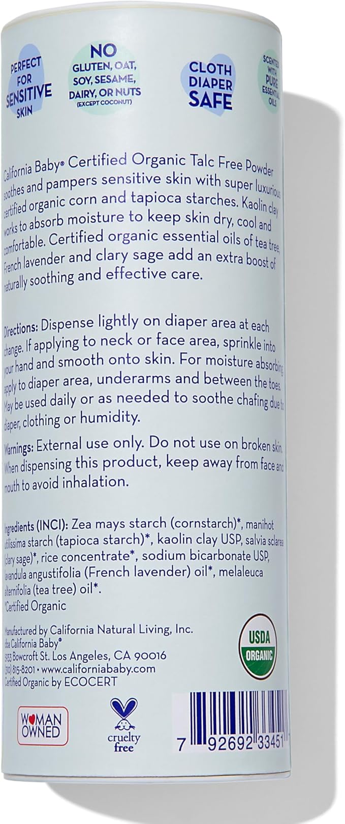 California Baby Powder | Certified Organic Baby Powder Talc-Free | Absorbs Moisture + Anti-Chafing | Lavender Baby Powder Travel Size | 2.5oz / 71g