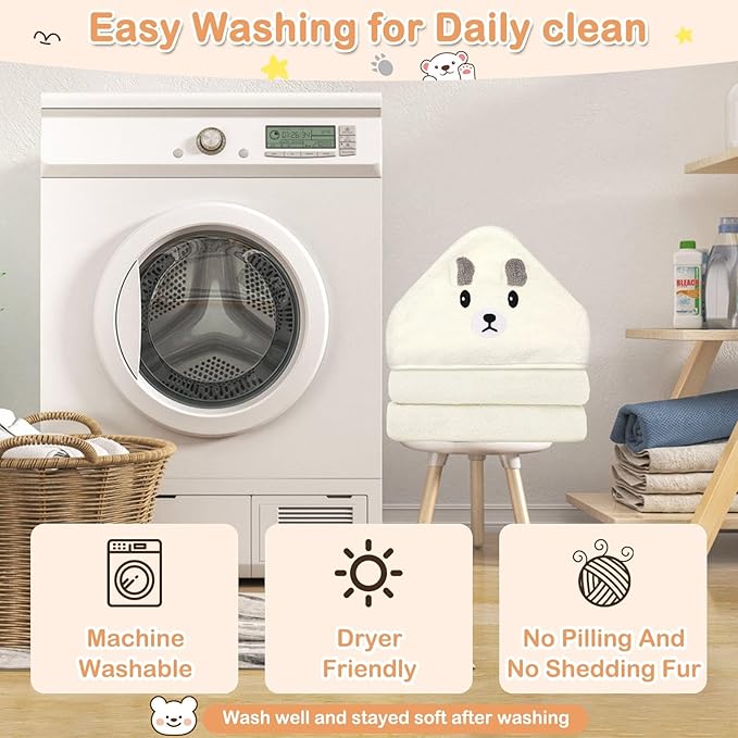 4 Pcs Baby Towels Set, 32x32 in Hooded Bath Towel and 3 Pcs Baby Washcloths for Newborns, Toddlers, and Kids, Soft Baby Towels and Washcloths Set for Boys and Girls (White Bear)