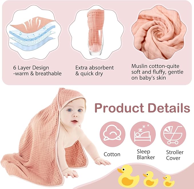 Peryiter 4 Pcs Muslin Hooded Baby Towels 32x32inch Cotton Newborn Bath Essentials Muslin Infant Blankets Absorbent Registry Baby Shower Present for Babies Girl Boy Kids (Light Pink)