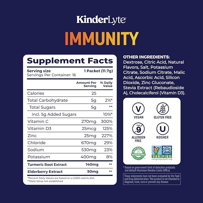Kinderlyte Immunity Supplement for Kids and Adults, Electrolyte Powder Hydration Packets with Vitamin C, Zinc & Turmeric (Orange Citrus, 16 Count) No Artificial Sweeteners, No Synthetic Dyes