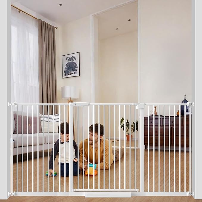WAOWAO 1.37" Ultra Narrow Spacing Extra Wide Dog Pet Gate 61.61-69.48" Pressure Mounted Walk Through Double Lock Swing Auto Close Safety White Metal Toddler Baby Puppy Pet for Indoor,Doorway,Kitchen
