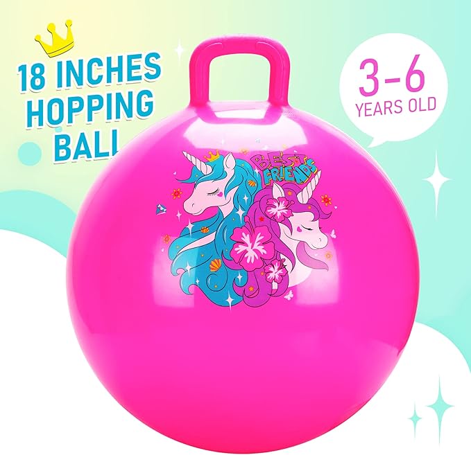 U&C Planet Hopper Ball 18 inches Bouncy Ball with Handle for Kids Age 3-6 Hoppity Hop Sit and Bounce Jumping Hopping Toy with Pump, Great Toddler Girls Toys for Birthday, Pink