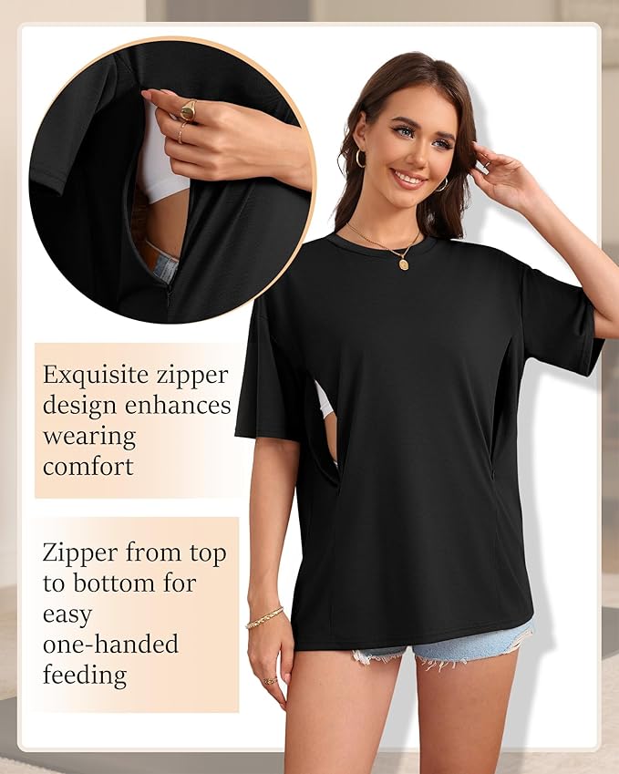 3 Pack Women's Oversize Nursing Breastfeeding Shirts Hidden Zipper Short Sleeve Loose Fit Maternity Tops