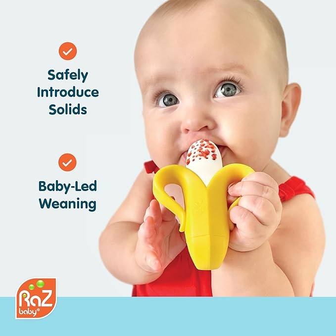 RaZbaby Fruitique Fruit Feeder One-Piece Baby – Larger Opening for Refilling & Fits More Fresh/Frozen Fruit for Teething Relief, Easy to Hold, Safer Design, BPA-Free, Dishwasher Safe - Banana