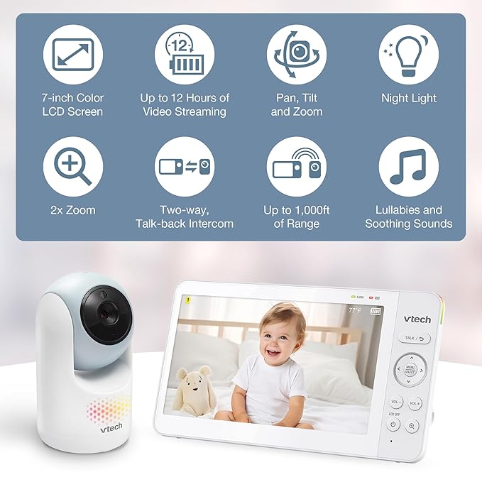 VTech 7" Baby Monitor with IPS Screen, Pan Tilt Zoom Camera, No WiFi Video Baby Monitor, Multi-Color Night Light, 2-Way Talk, Lullabies, Long Battery Life Long Range: Advanced HQ Max Blue