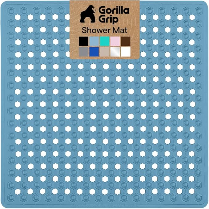 GORILLA GRIP Patented Square Shower Stall Mat, Small Bathtub Floor Mats for Stand Up Showers, Suction Cups and Drain Holes, Machine Wash, Soft on Feet, Bathroom Accessories 21x21 Inch, Sky Blue Opaque