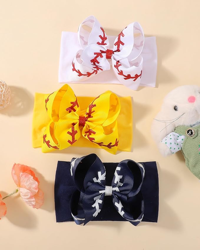 doboi 3PCS Baby Girl Cheer Bows Headbands Nylon Hairbands with Ribbon Bow Handmade Elastic Shiny Baby Hair Bows Headbands for Baby Girls Newborns Infants Toddlers and Kids-Football Sports Printed