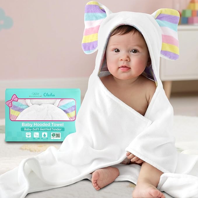VOOVA & MOVAS Luxury White Baby Hooded Bath Towel - 100% Cotton,500GSM, 33x31.5 Inches,0-2Years, Super Absorbent Large Towel with Cute Elephant Ears Hood for Newborn, Infant, Baby Essentials,White