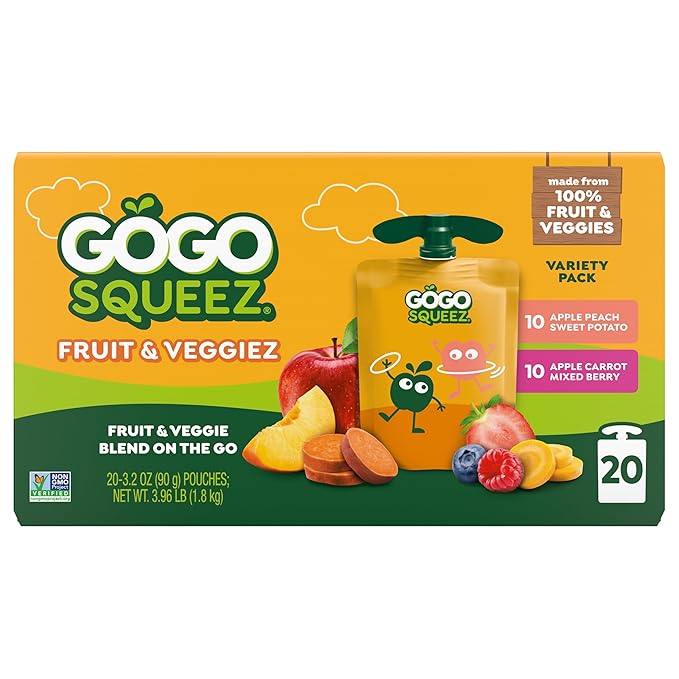 GoGo squeeZ Fruit & veggieZ Applesauce and Puree Variety Pack, Pedal Peach and Boulder Berry, 3.2 oz (Pack of 20), Unsweetened Snacks for Kids, BPA Free Pouches (Packaging May Vary)