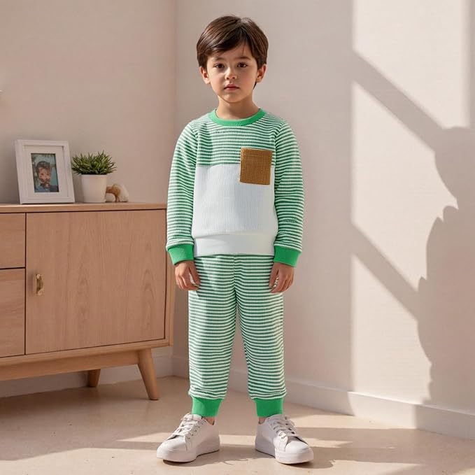 Toddler Baby Boy Fall Outfit Long Sleeve Crew Neck Contrast Color Sweatshirt Top Pant Cute Newborn Infant Waffle Clothes