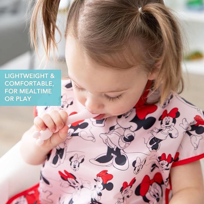 Bumkins Disney Short Sleeve Bib for Girl or Boy, Toddler and Kids for 1-3 Years, Large Size, Essential Must Have for Junior Children, Eating, Mess Saving Soft Fabric Apron for Play, Minnie Mouse