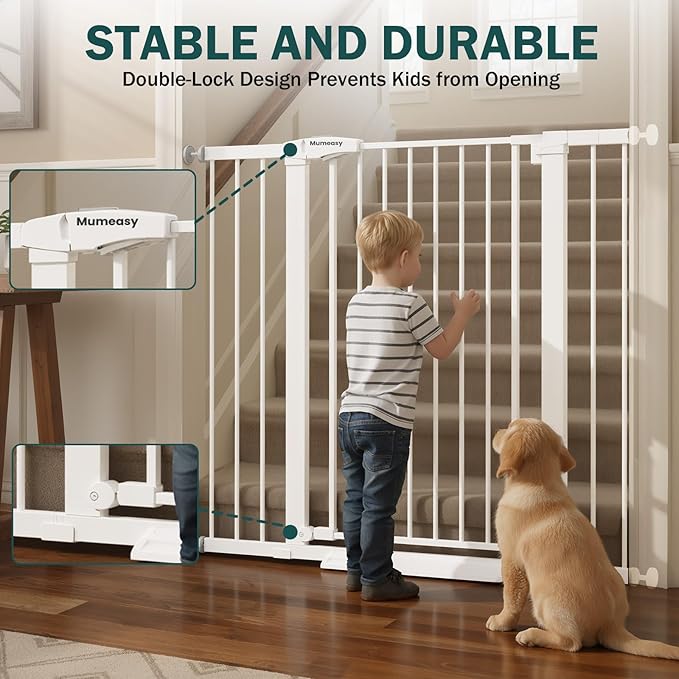 Mumeasy 36" Extra Tall Dog Gate, Auto Close Baby Gate for Stairs Doorways, 29.7-46" Wide Walk Thru Child Safety Gate for House, Easy Install Pressure Mounted Metal Pet Gate with Door, White