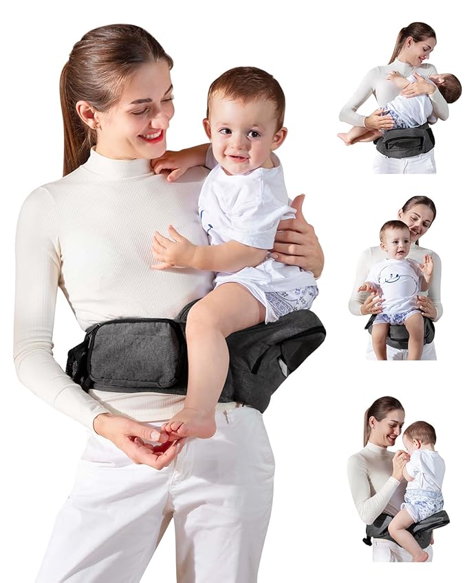 Baby Hip Seat Carrier, GROWNSY Ergonomic Hip Seat Baby Carrier with Multiple Pockets, Adjustable Extended Waistband for Newborns & Toddlers up to 50 lbs, Grey