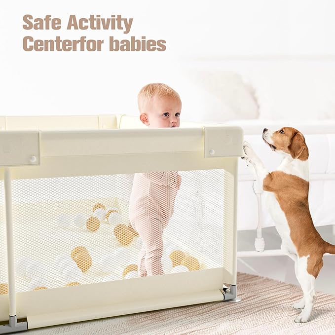 ZEEBABA Beige Baby Playpen 59x59 in, Playpen for Babies and Toddlers, Play Pen for Kids, Play Yard for Infants with Gate (Without mat)