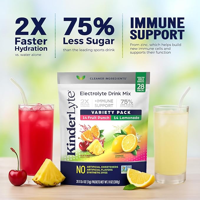 Kinderlyte Electrolyte Powder for Kids and Adults - Variety Pack Drink Mix Hydration Packets 28 Count, No Artificial Sweeteners or Flavors, No Synthetic Dyes, Vegan, Non-GMO, Gluten-Free