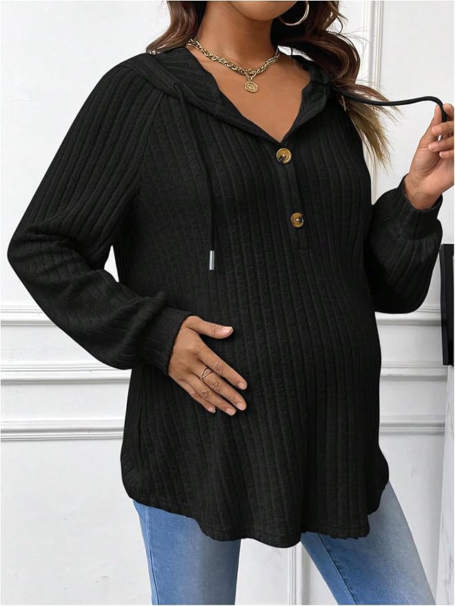 Women's Maternity Half Button Sweatshirts Long Sleeve Ribbed Knit Pregnancy Shirt Spring Clothes