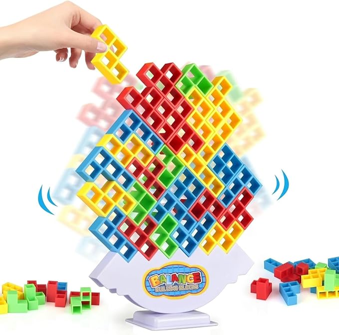 64 Pcs Stacking Tower Game with 22 Cards, Giant Tumble Balance Game for Kids, Family Games for Kids and Adults, Ideal Gifts for Teen Boys & Girls, Party Board Game for Kids 6-12 & Adults
