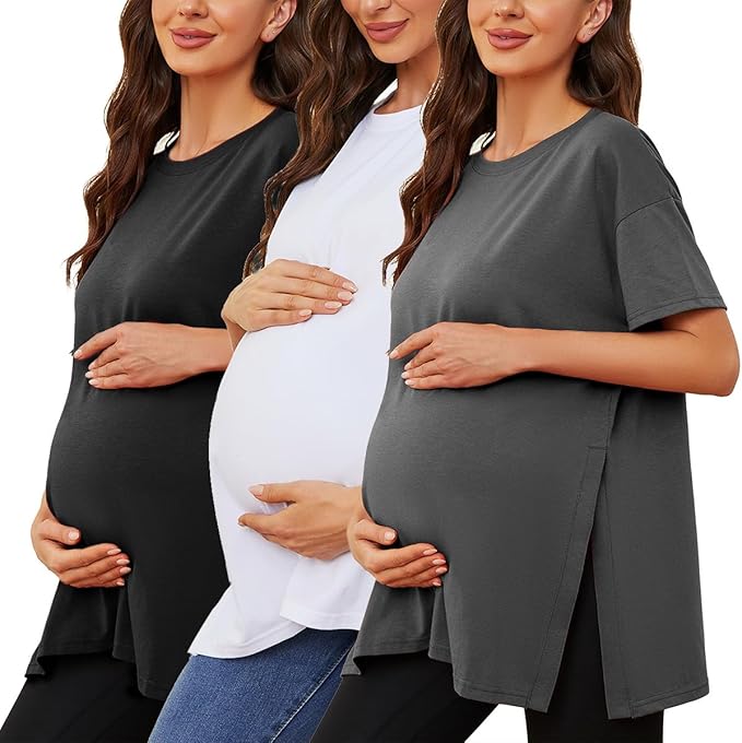 Ecavus Women's Casual Maternity Shirts Split Side Pregnancy Tops Blouses Short Sleeve Loose Fit Maternity Clothes