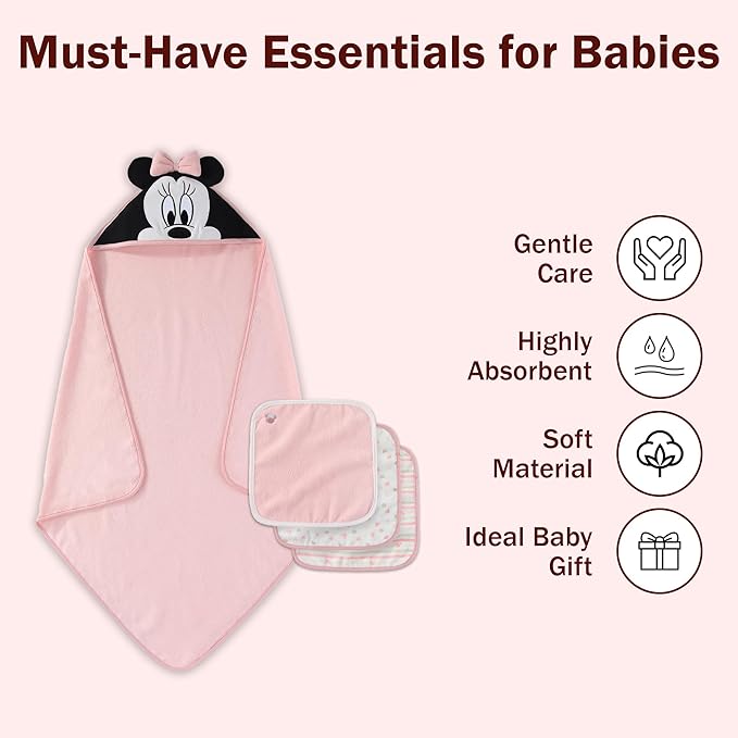 Disney Baby Girls Minnie Mouse Hooded Baby-Bath Towel with 3 Washcloths Set for Newborn and Infants