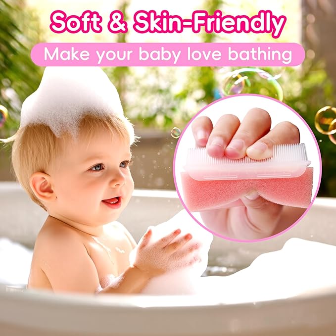 Cradle Cap Brush for Babies, Set of 5 Baby Bath Essentials with Bath Sponge Silicone Scrubber Long Handle Comb for Newborns Toddlers Boys Girls (Pink)