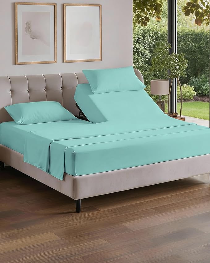 Split Head King Sheet Set – 4 Piece Flex Split Top King Sheets for Adjustable Beds - Fits 14” to 16" Mattress w/ Deep Pockets - Soft, Breathable & Cooling - Luxury Bedding and Wrinkle Free - Spa Blue