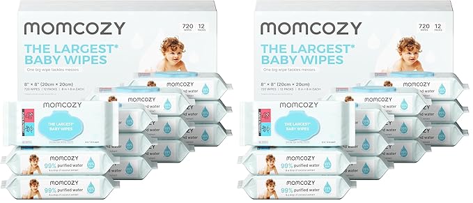 Momcozy Baby Wipes-Extra Large Size Design, 99% Water Based, Unscented & Hypoallergenic, Cleansing & Moisturizing Baby Wipes for Sensitive Skin, 60 Count (Pack of 24)